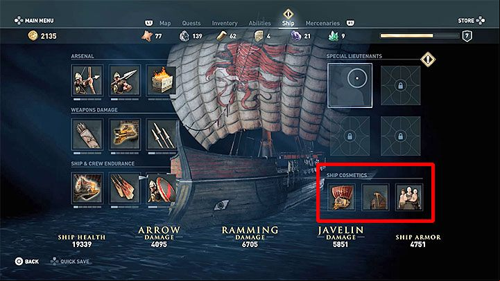 The Ship Cosmetics slots are in the bottom right corner of the screen - AC Odyssey: Does ship cosmetics have impact on the stats? - FAQ - Assassins Creed Odyssey Guide
