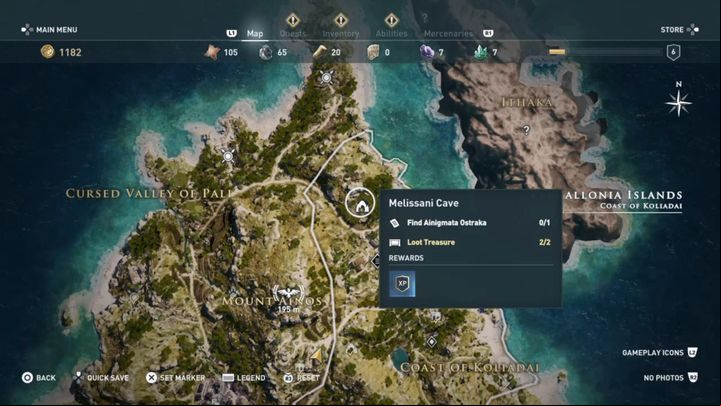 The location of the Ainigmata Ostraka: Melissani Cave - AC Odyssey: Ainigmata Ostraka in Kephallonia Islands - Ainigmata Ostraka - Assassins Creed Odyssey Guide