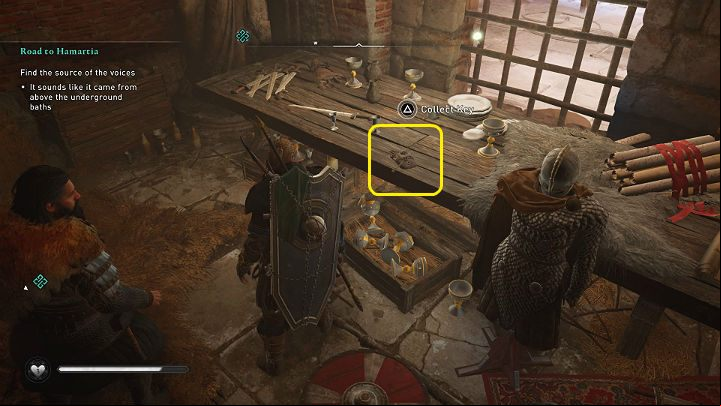 Collect the key from the table and then open the door which is opposite to the chamber where you have just been - Assassins Creed Valhalla: Road to Hamartia - Eurvicscire - Assassins Creed Valhalla Guide and Walkthrough