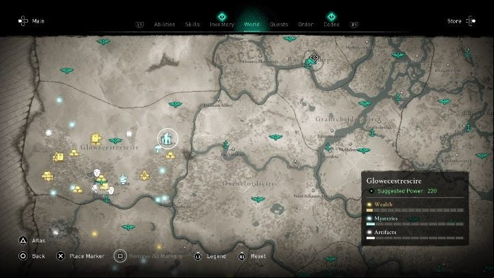 You will find the stones in the eastern part of the location - Assassins Creed Valhalla: Standing Stones - Glowecestrescire secrets, locations - Glowecestrescire - Assassins Creed Valhalla Guide and Walkthrough