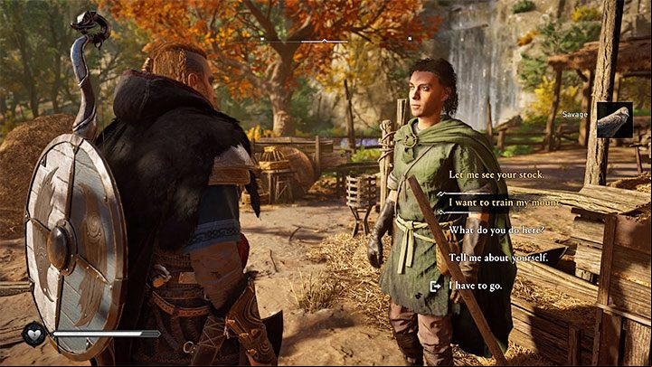 Initiate a conversation with the groom and select the dialog option for mount training - Assassins Creed Valhalla: How to unlock Seahorse trophy? - Trophy guide - Assassins Creed Valhalla Guide and Walkthrough