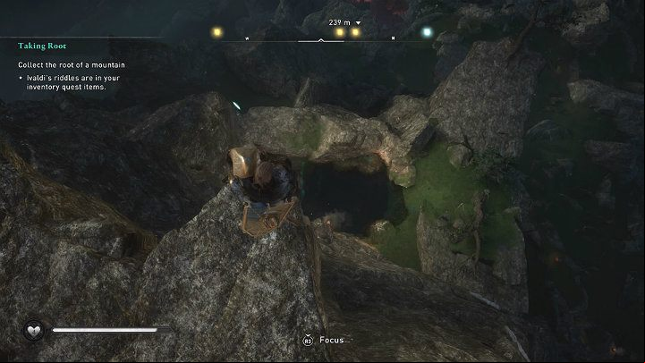 When the fire burns out, pick up the root, stand at the spot shown in the image above, and drop the item into the water - Assassins Creed Valhalla: Taking Root - Asgard - Assassins Creed Valhalla Guide and Walkthrough