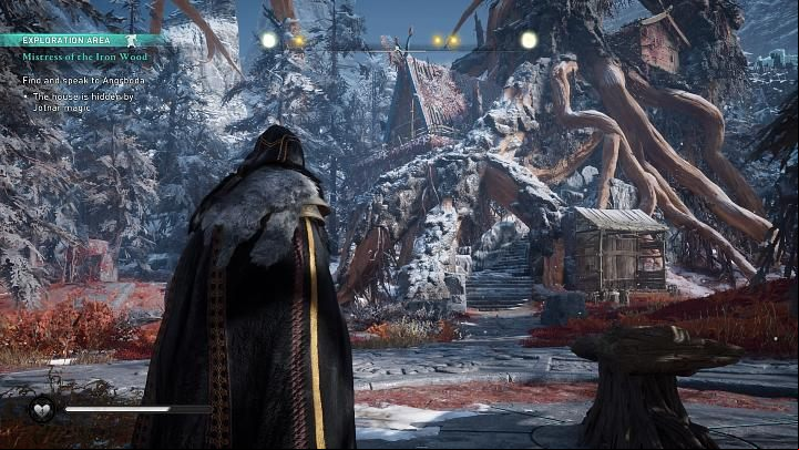 Turn towards the Tree of Worlds, and the Witch's hut will suddenly appear on the screen - braided into massive roots - Assassins Creed Valhalla: Mistress of the Iron Wood - Jotunheim - Assassins Creed Valhalla Guide and Walkthrough