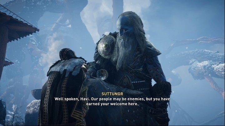 When you hand over to Suttungrow his cauldron, Jotun will change his attitude and start treating Eivor (Havi) respectfully - Assassins Creed Valhalla: A Feast to - Jotunheim - Assassins Creed Valhalla Guide and Walkthrough