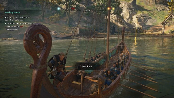 When you reach the shore, position yourself with the bow of the boat towards the yellow marker and start the raid - Assassins Creed Valhalla: Settling Down - Ledecestrescire - Assassins Creed Valhalla Guide and Walkthrough