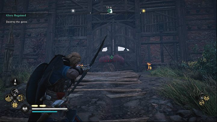 After the conversation, aim at the charges placed under the Grantebridge gate and blow them up to start the assault - Assassins Creed Valhalla: Glory Regained - Grantebridgescire - Assassins Creed Valhalla Guide and Walkthrough