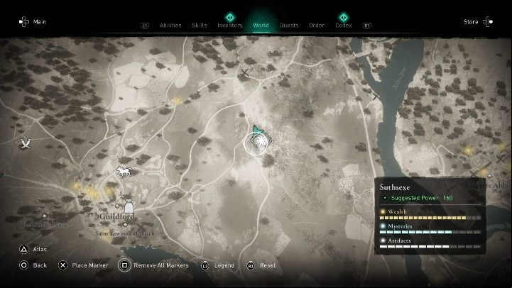 The location of the cursed place: east of Guildford - Assassins Creed Valhalla: Cursed Symbol - Suthsexe secrets, locations - Suthsexe - Assassins Creed Valhalla Guide and Walkthrough