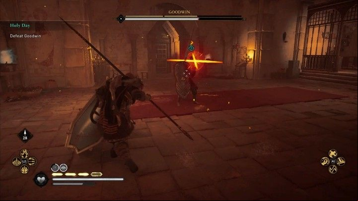 Most of Goodwin's attacks are slow and signaled beforehand, so they are easy to avoid or block - Assassins Creed Valhalla: Holy Day - Hamtunscire - Assassins Creed Valhalla Guide and Walkthrough
