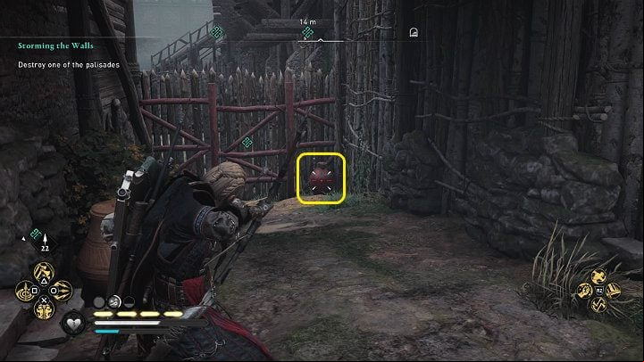 After entering the fortress, turn left, eliminate a few guards and shoot an oil jug to destroy the palisade - Assassins Creed Valhalla: Storming the Walls - Southsexe - Assassins Creed Valhalla Guide and Walkthrough