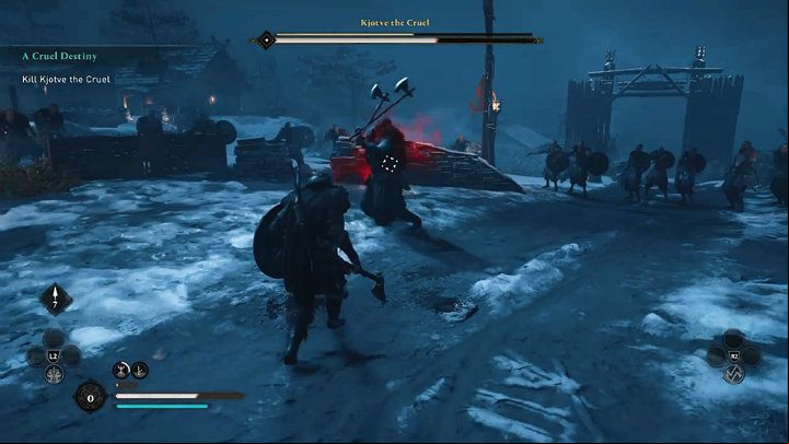 When you see a red aura around Kjotve when he lifts his axes up, it means that he will make a powerful swing - Assassins Creed Valhalla: Kjotve the Cruel boss fight - how to win? - Bosses - Assassins Creed Valhalla Guide and Walkthrough