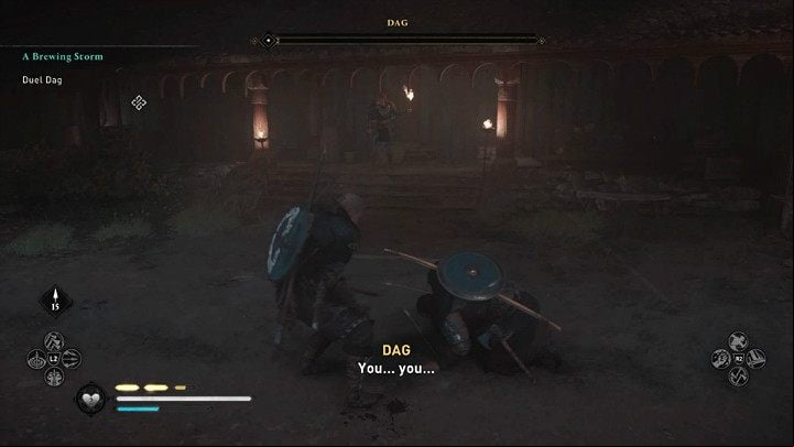 Avoid enemy attacks or block and use every opportunity to counter or keep your opponent at a distance and shoot him with the bow if you prefer this fighting style - Assassins Creed Valhalla: Dag boss fight - how to win? - Bosses - Assassins Creed Valhalla Guide and Walkthrough