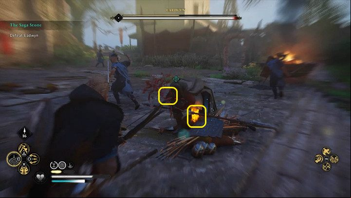 In order to start the duel with Eadwyn with an advantage, it is worth to use the Focus of the Nornir ability and hit your opponent in the two sensitive points - right arm and left knee - Assassins Creed Valhalla: The Saga Stone - Oxenefordscire - Assassins Creed Valhalla Guide and Walkthrough