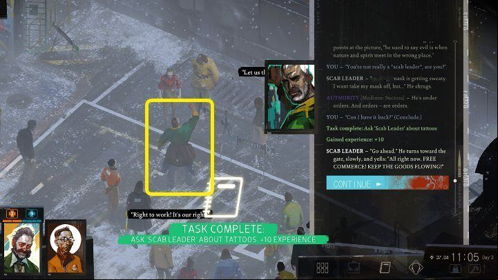 If you find out about the Scab Leader, you will find him at the entrance to the harbor, northwest of Whirling-In-Rags - Disco Elysium: The victims tattoos - walkthrough - Body identification - Disco Elysium Guide