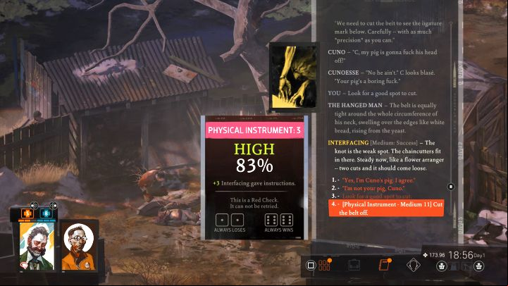Approach the corpse, talk to Kim, and start your investigation - Disco Elysium: Perform field autopsy - walkthrough - Body identification - Disco Elysium Guide