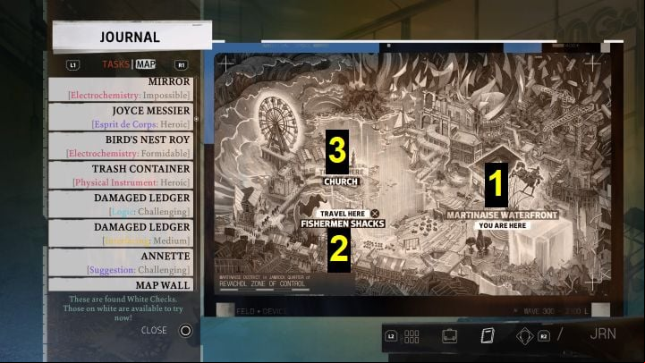 From now on, after opening your journal, you can switch to a second tab (Map) where the entire district of Martinaise is visible - Disco Elysium: How to use fast travel? - FAQ - Disco Elysium Guide