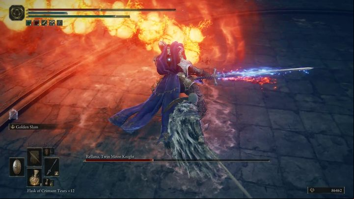 In the second phase, Rellana retains her moveset from the first phase, but can now end certain combos with a magical shockwave or delayed fire explosion - Shadow of the Erdtree: How to defeat Rellana, Twin Moon Knight? - Main bosses - Elden Ring Guide