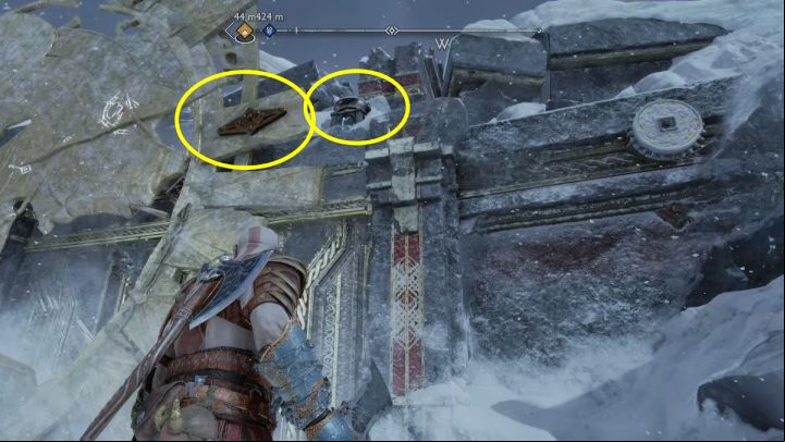 Go to the right side of the shield, grab the handle and move it left - God of War Ragnarok: The Lost Treasury, Midgard - secrets, collectibles - Midgard - God of War Ragnarok Guide