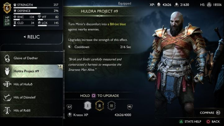 When activated, Huldra Project #9 makes Mimir fire Bifrost lasers from his eyes - God of War Ragnarok: Relics and Hilts - Character development - God of War Ragnarok Guide