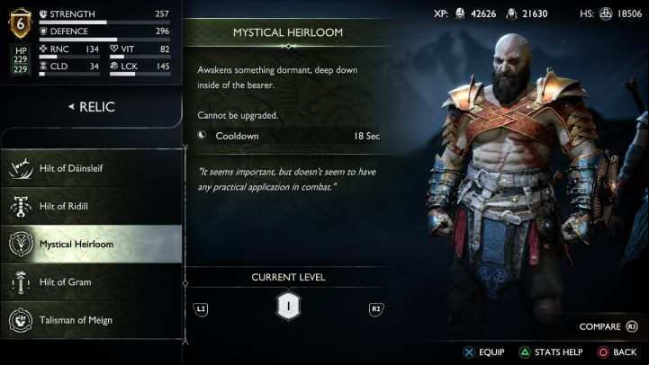 Mystical Heirloom is the only relic that can't be upgraded - God of War Ragnarok: Relics and Hilts - Character development - God of War Ragnarok Guide