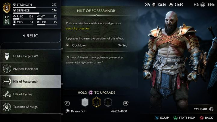 When used, this relic pushes enemies back, at the same time giving Kratos a protective aura - God of War Ragnarok: Relics and Hilts - Character development - God of War Ragnarok Guide