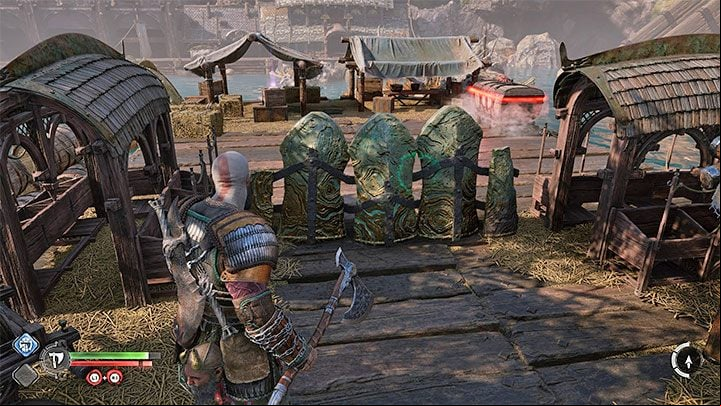 As you go through the game, you may encounter all sorts of green blockades like barricades on the road or carts with green cargo - God of War Ragnarok: How to destroy green blockades? - Exploration - God of War Ragnarok Guide