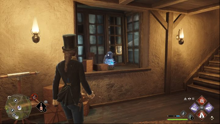 The statue is on the window by the stairs - Hogwarts Legacy: Demiguise Statues - The Highlands - Highlands - Hogwarts Legacy Guide