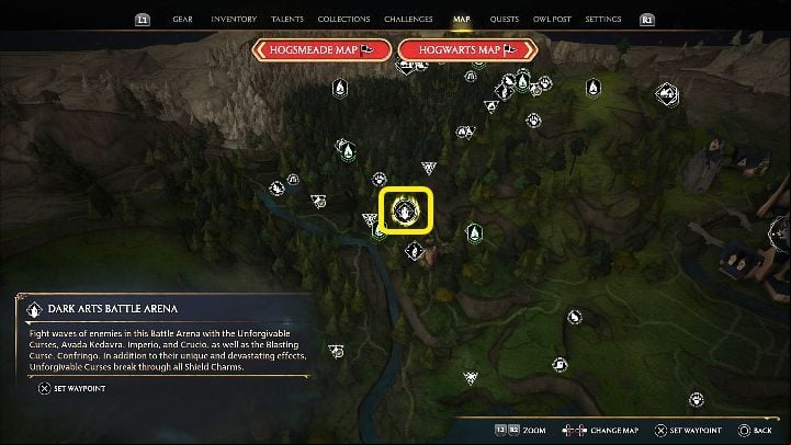 The entrance to the Dark Arts Battle Arena can be found in the Forbidden Forest, in the place marked in the picture above - Hogwarts Legacy: What is the Dark Arts Battle Arena? - Combat and exploration - Hogwarts Legacy Guide