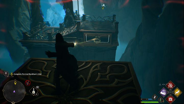 Bring the platform closer using Accio, climb on it, and grab the hitch in front of you (screenshot) - Hogwarts Legacy: Percival Rackhams Trial - Main quests - Hogwarts Legacy Guide