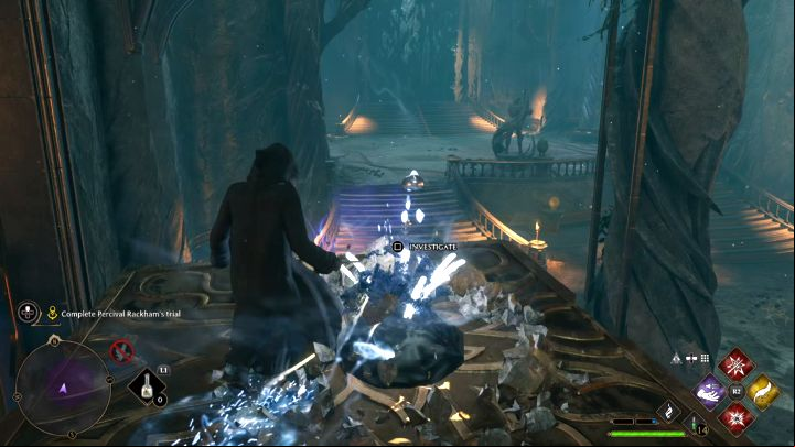 After bringing the platform closer, climb on it and you'll reveal another circle of Ancient Magic (it can only be accessed from the platform) - investigate it - Hogwarts Legacy: Percival Rackhams Trial - Main quests - Hogwarts Legacy Guide
