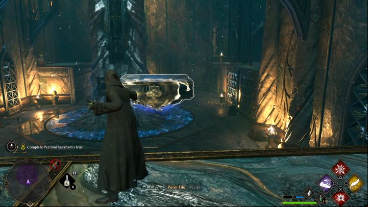 Once all opponents are defeated, approach the levitating platform - bring it closer using Accio and climb on it - Hogwarts Legacy: Percival Rackhams Trial - Main quests - Hogwarts Legacy Guide