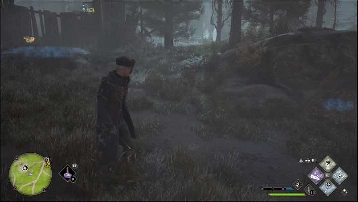 One of these places is outside the camp, while the orbs are under the hill, behind the leaves - Hogwarts Legacy: Hogwarts Valley - all Merlin Trials - Merlins Trials - Hogwarts Legacy Guide