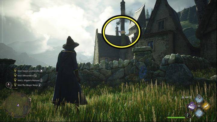 Flying Field Guide Page #4 is behind the houses next to the Tomes and Scrolls shop - Hogwarts Legacy: Field Guide Pages - Hogsmeade - Hogsmeade - Hogwarts Legacy Guide