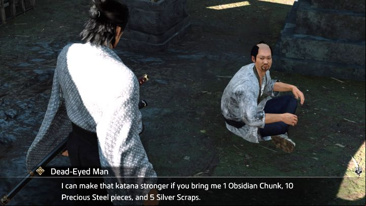 During the conversation, you can show the NPC selected weapons from the inventory (Yaksha Blade/Peashooter in the example from the picture) - Like a Dragon Ishin: Crafting at Kurogane Smithing - Basics - Like a Dragon Ishin Guide