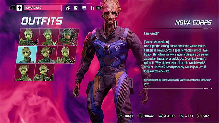 This outfit can be found as a secret in Chapter 5 - Guardians of the Galaxy: Groot - outfits - Costumes - Guardians of the Galaxy Guide