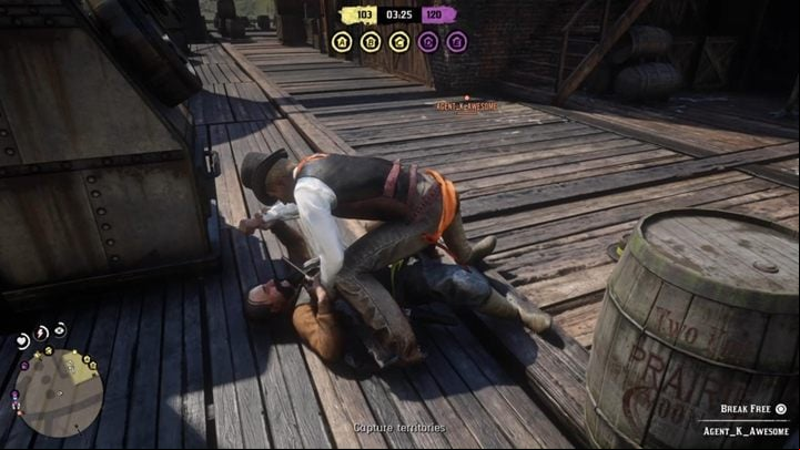 When you knock an enemy down (for example, when you are fighting with a knife), you will get a chance to kill them instantly by pressing Square/X - Starting Tips for Red Dead Online - Basics - Red Dead Online Guide