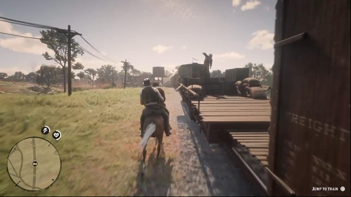 Your task is to follow the train, and in the climax to get closer to it so that your character can jump on board - Red Dead Redemption 2: The New South - walkthrough - Chapter 3 - Clemens Point - Red Dead Redemption 2 Guide