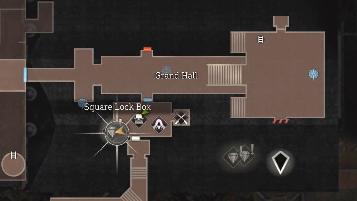 Square Lock Box #2 is in a small room next to the Grand Hall, the same that also houses a merchant, typewriter and shooting range entrance - Resident Evil 4 Remake: Square Lock Boxes and Cubic Device map - Secrets - Resident Evil 4 Remake Guide