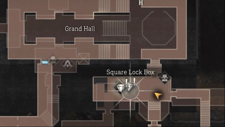 Square Lock Box #3 is in a room south-east from Grand Hall - Resident Evil 4 Remake: Square Lock Boxes and Cubic Device map - Secrets - Resident Evil 4 Remake Guide