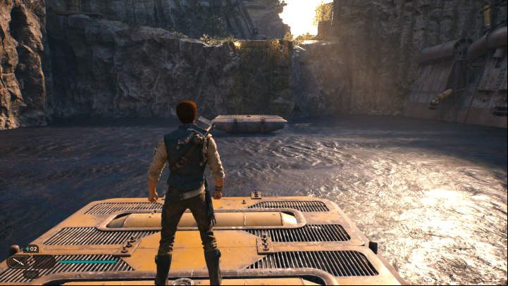 Jump between platforms (you can step on the slime for a certain amount of time) to get to the vine, after which you will climb up the cliff to the previously marked location and trigger the cutscene - Star Wars Jedi Survivor: Find Greez - Walkthorugh - Star Wars Jedi Survivor guide