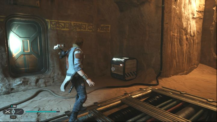 In the side area of The Archive, find a location where you can squeeze through - it will lead you to a green gate (screenshot 1) - Jedi Survivor: The Archive on Jedha - list of secrets - Jedha - Star Wars Jedi Survivor guide