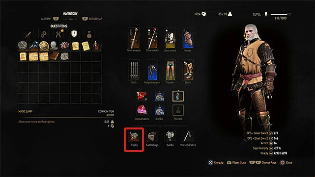 Trophies are placed in one of inventory slots. Only one can be active simultaneously - The Witcher 3 Wild Hunt: List of trophies for witcher contracts - Quest lists - The Witcher 3 Wild Hunt Guide
